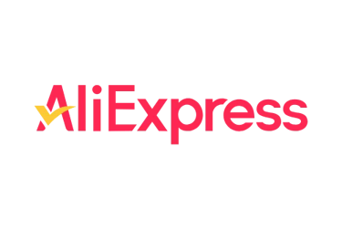 AliExpress official logo featuring red typography and a yellow checkmark icon on a solid black background.