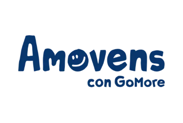 Blue Amovens con GoMore logo on a black background for carsharing services.