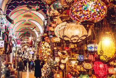 Handmade colorful mosaic Turkish lamps hanging in the historic Grand Bazaar of Istanbul.