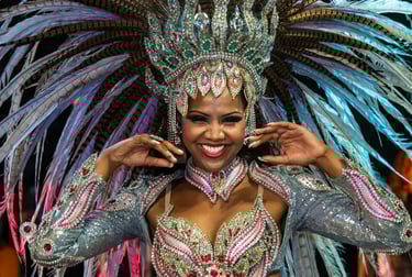 Smiling Brazilian carnival dancer in an elaborate sequined costume and feathered gemstone headdress.