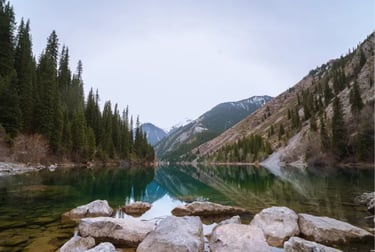 Serene alpine lake reflecting snow-capped mountains and green pine forests in a rocky canyon.