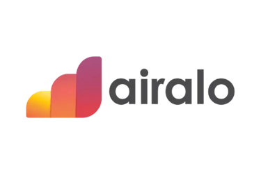 Airalo logo featuring a colorful gradient icon and grey text on a black background for travel eSIM services.