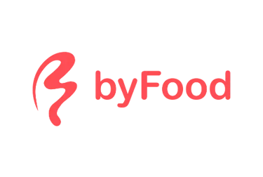 Official byFood logo featuring a red abstract B symbol and text on a black background.