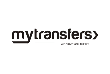 Mytransfers airport shuttle logo with slogan We Drive You There on black background.