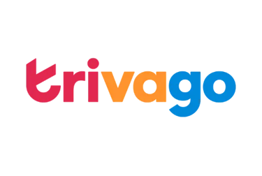 Trivago hotel search engine logo in pink, orange, and blue on a black background.