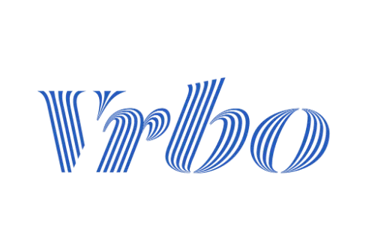 Official blue Vrbo logo with striped typography isolated on a black background for vacation rentals.