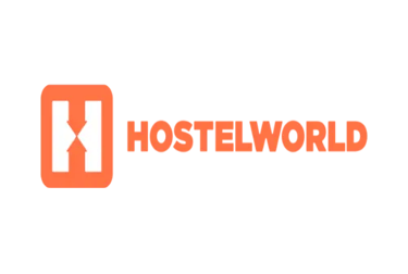 Official Hostelworld logo featuring an orange icon and bold text on a black background for travel bookings.