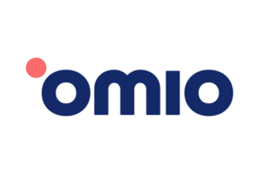 Omio travel platform logo in blue text with a red dot on a black background.