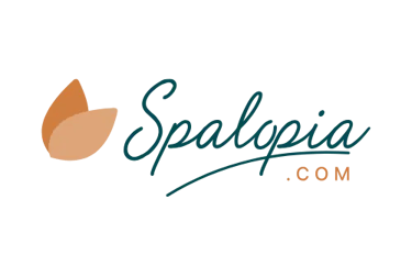 Spalopia.com logo with teal cursive typography and orange petal icons on a black background.