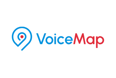 The VoiceMap logo featuring a blue location pin icon and text on a black background.
