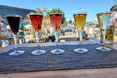 Flight of colorful Port wines arranged on an outdoor table by the river in Porto, looking like a wor