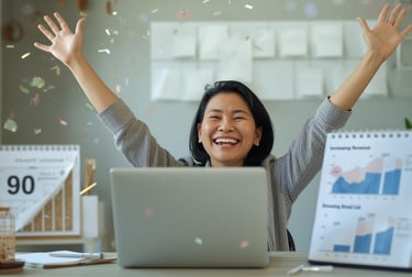 Entrepreneur celebrating business success after 90-day journey