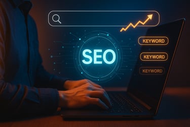 Marketer optimizing SEO with holographic keywords and traffic growth visualization.