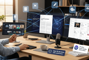 Content creator using multiple screens to work with AI writing, video, and scheduling tools.