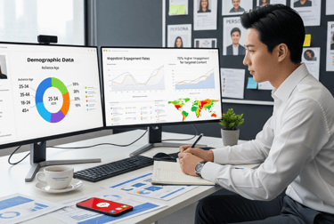 Content creator analyzing audience data with demographic charts and persona boards.