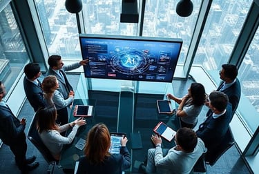 Business team reviewing AI-generated presentation in modern conference room
