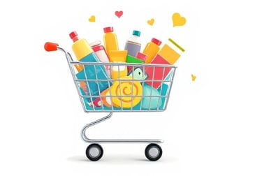 Visualize a shopping cart icon overflowing with happy little products.