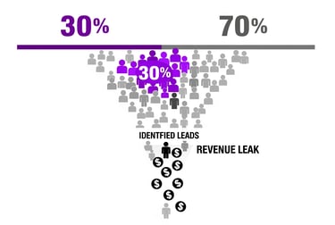 Infographic of a sales funnel showing 70% anonymous visitors and a revenue leak, with 30% converting