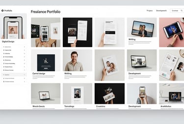 Modern freelance portfolio showcasing digital designs, writing samples, and development work.