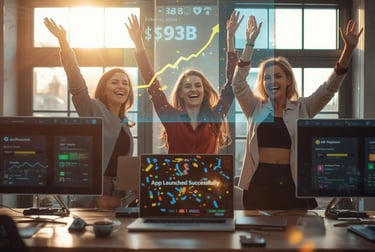 Entrepreneurs celebrating successful agentic AI app launch and growth
