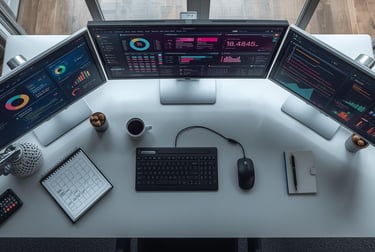 Full-time business setup with multiple monitors and analytics dashboards