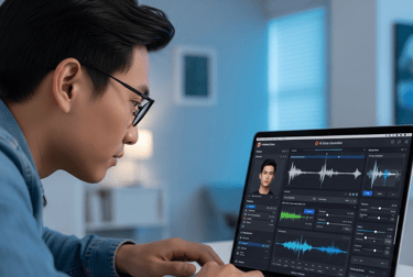 Person using laptop for AI voice cloning.