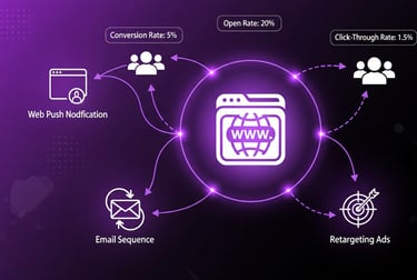 Infographic showing a central website surrounded by multiple communication channels and target ads 