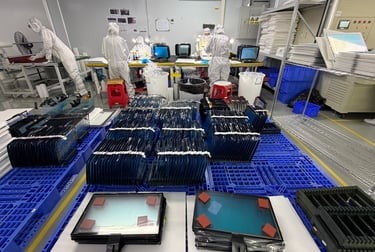 Professional technicians in anti-static suits assembling interactive touch panels at ClaraTech facto