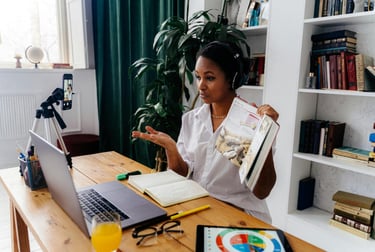 A single mom working from home on her side hustle.