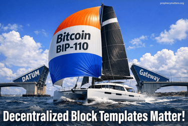 A white catamaran sailboat with a Bitcoin BIP-110 sail passing through an open drawbridge on blue water.