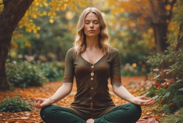 a woman meditating in the forest