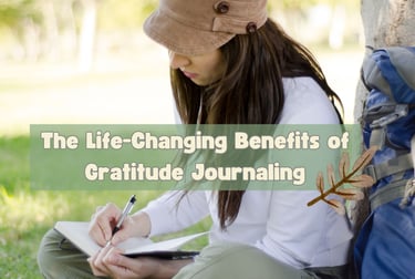 a woman sitting on the ground writing in her journal with a backpack and writing on it