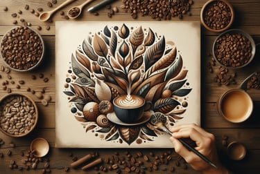a person is drawing a coffee cup with coffee beans
