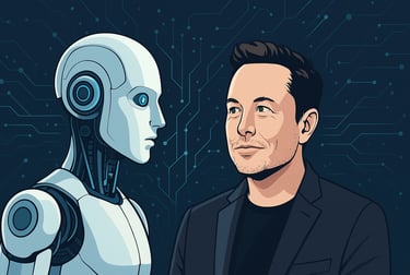 Ilustração digital mostrando um robô humanoide e Elon Musk lado a lado, com fundo azul escuro replet