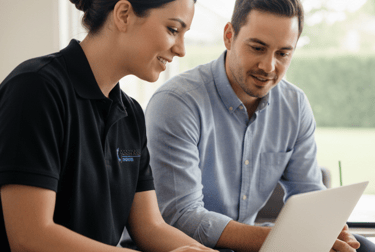 A technician sitting on a couch looking at a laptop with a client.