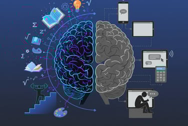 Cerebro dividido: lado activo con redes neuronales vs lado pasivo conectado a dispositivos digitales.