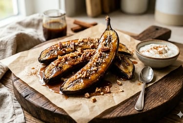 Bananas assadas caramelizadas com nozes-pecã e xarope de bordo servidas sobre uma tábua rústica 