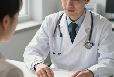 Close environmental frame, natural north-facing daylight, a doctor and patient seated at a consultation desk in a clean clinical room, the physician pointing calmly at a printed treatment timeline on the desk, the patient's hands resting on the document — genuine attention, no staged smiling, warm diffused light from a window to the left
