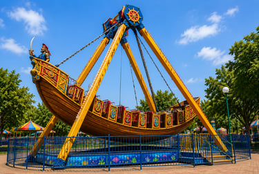 A colorful swinging pirate ship ride at an outdoor amusement park under a bright blue sky.