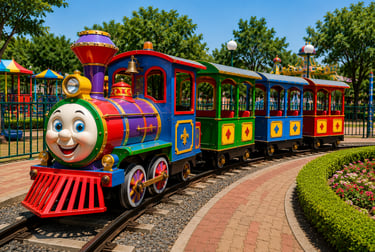 Colorful trackless train ride with a smiling engine face at an outdoor amusement park.