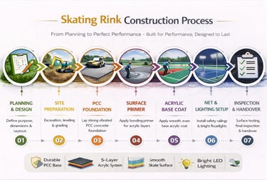 Infographic showing the 7-step skating rink construction process from planning to inspection and handover.