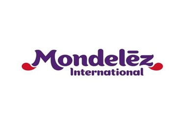 Official Mondelēz International logo with purple text and red accent flourishes on a white background.