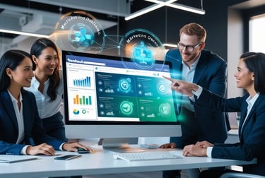 Equipo de trabajo en una oficina moderna colaborando frente a una computadora con hologramas de datos de marketing digital, m