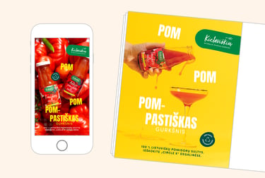 Kietaviškių pomidorų sulčių reklaminis maketas su tipografija „POM-PASTIŠKAS"