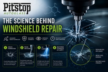 Diagram explaining the windshield repair process including resin infusion and UV curing by Pitstop Autoglass.