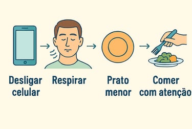 Checklist visual de rotina anti ansiedade pré-refeição, respiração e mindful eating