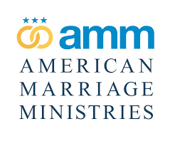 Official logo of American Marriage Ministries featuring gold wedding rings and three blue stars.