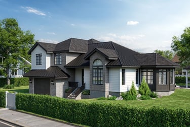 Custom home design with minimalist exterior, wide windows, and soft facade in a modern architectural