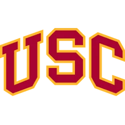 The USC Trojans logo featuring arched red letters with gold borders on a black background.