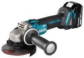 Makita 18V LXT cordless brushless 4-1/2 inch angle grinder with battery and side handle.
